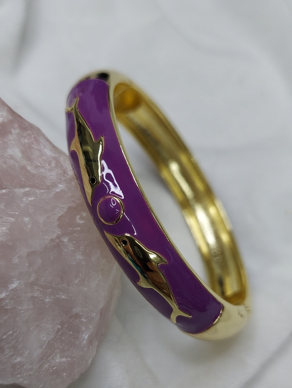 Gold Dolphin Accent Purple Enamel Bangle Bracelet